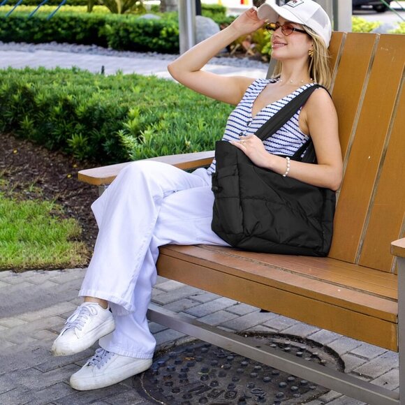 Women`s Puffy Tote Bag Lightweight Quilted Zipper Travel Work Purse - Picture 6 of 6